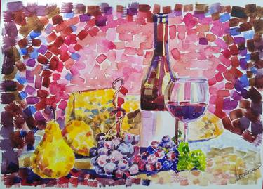 Still life with wine, fruit and cheese. thumb