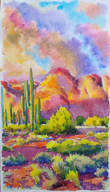 Desert landscape with mountains and cacti thumb