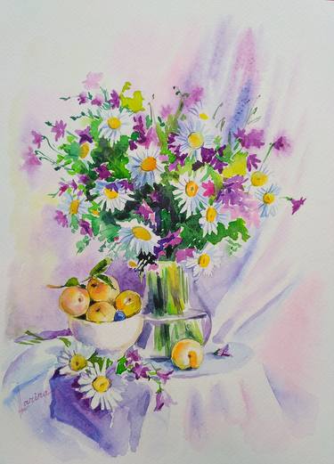 Still life with a bouquet of wildflowers and apricots thumb