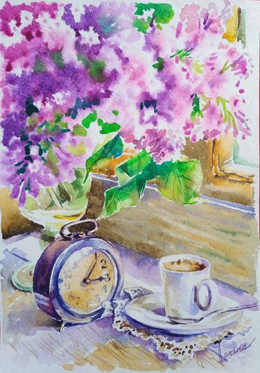 Still life with a cup of coffee and a clock by the window thumb