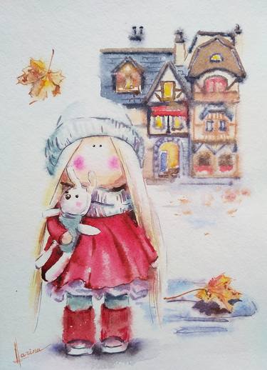 Little girl with bunny. Cozy fall. thumb