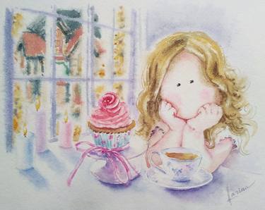Girl with a cake and a tea thumb