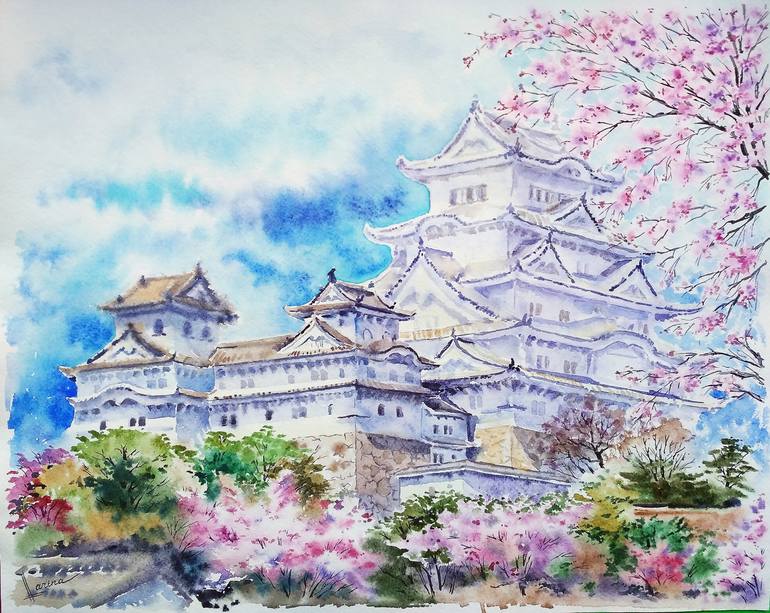 Japanese castle Himeji Painting by Olga Larina | Saatchi Art