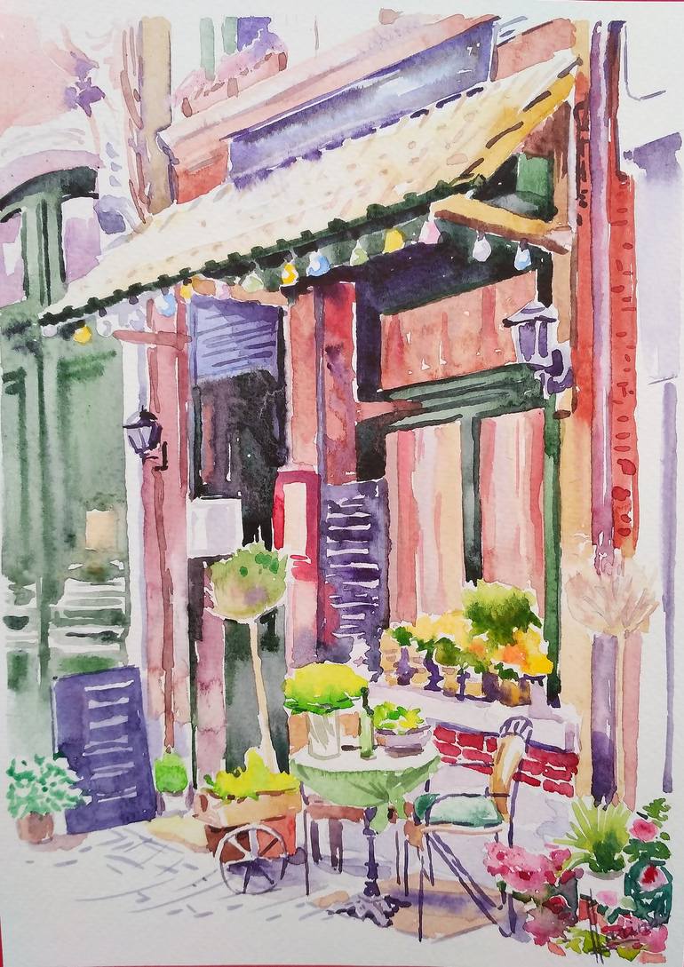 Original Architecture Painting by Olga Larina | Figurative Art on Paper | Old shop in provence
