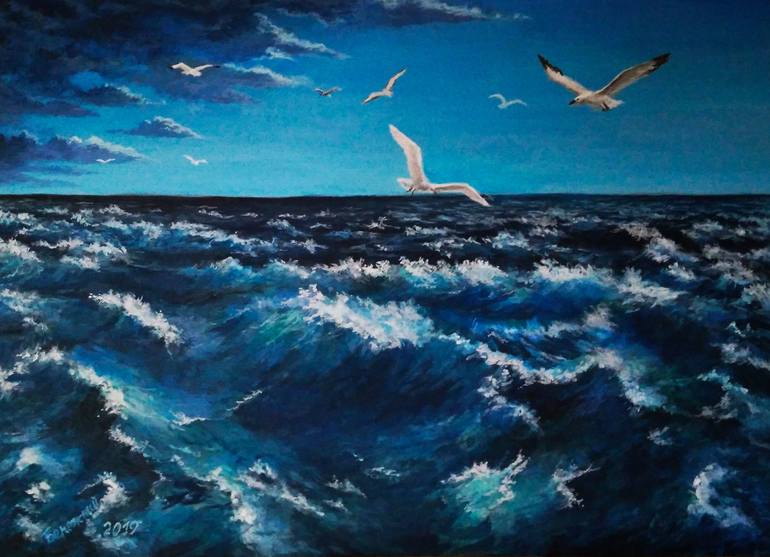 Seagulls over a stormy sea Painting by Alexander Berezhny