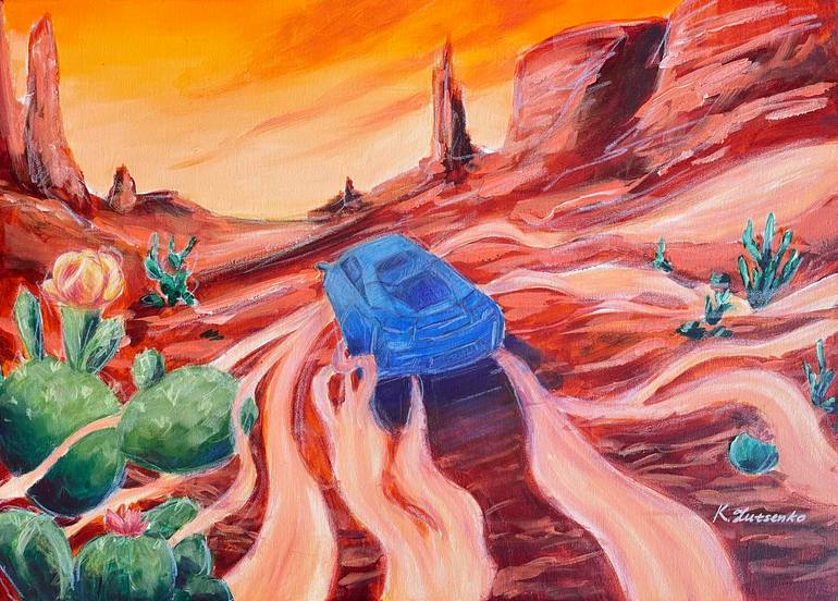 Original Landscape Painting by Ksenia Lutsenko | Contemporary Art on Canvas | Dust of the Road in Sunset Glow