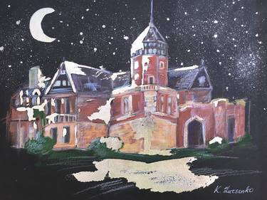 SILVER MOON - night light medieval castle black background illustrative A4 small thumb