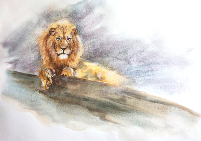 LION WATERCOLOUR ANIMAL WILDLIFE PAINTING - THE GUARD Painting by Ksenia  Lutsenko | Saatchi Art