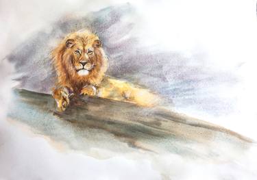 LION WATERCOLOUR ANIMAL WILDLIFE PAINTING - THE GUARD thumb