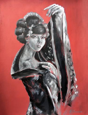 RED MOON - woman portrait Asia kimono geisha - impressionist - black and white thumb