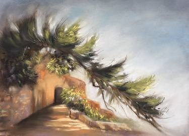 SOUTH LANDSCAPE - ITALY SUN NATURE PINE TREE - PASTEL DRAWING IMPRESSIONISM REALISM thumb