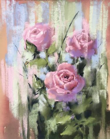 ROSE BOUQUET - FLOWERS PINK ROSES FLORAL ART - IMPRESSIONISTIC PASTEL DRAWING thumb