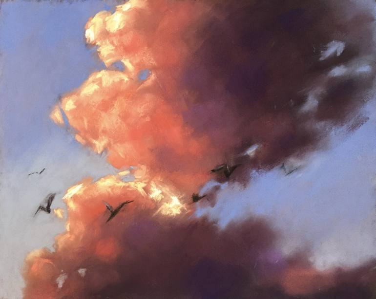 CLOUDS IN SUNSET - IMPRESSIONIST LANDSCAPE SKYSCAPE ORANGE PURPLE LIGHT  SOFT PASTEL DRAWING