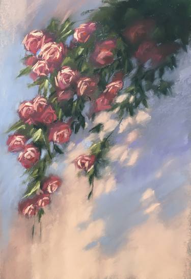 ROSES ON THE WALL - SUNLIGHT AND SHADOWS IMPRESSIONIST FLORAL ART thumb