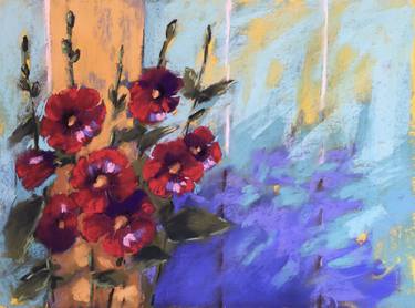 RED MALLOW - flowers impressionist play of shadows blue yellow floral art thumb