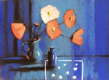RED POPPIES ON BLUE BACKGROUND - NAIVE EXPRESSIVE FLORAL ART CONTRAST BLUE AND RED thumb