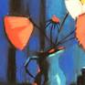 Stylised and expressive floral drawing on paper. NAIVE EXPRESSIVE FLORAL ART CONTRAST BLUE AND RED