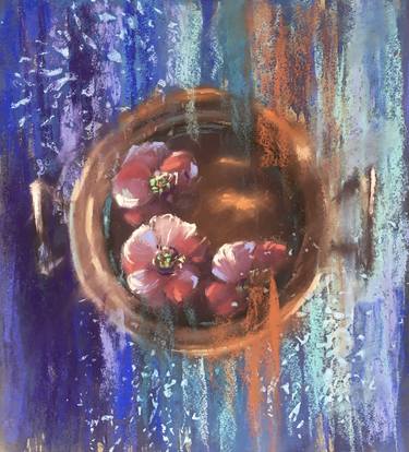 FLOWERS IN CASSEROLE- STILL LIFE FLOWERS IMPRESSIONIST PLAY OF SHADOWS BLUE BROWN FLORAL ART thumb