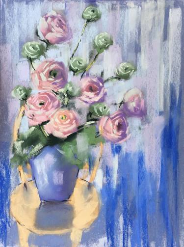 WHITE FLOWERS - ROSE IMPRESSIONIST BLUE PINK NAIVE AND EXPRESSIVE FLORAL ART thumb