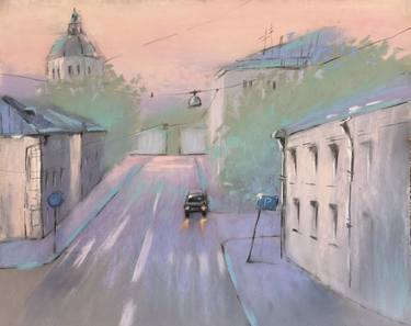 SUNDAY MORNING - CITYSCAPE EARLY PINK MORNING IMPRESSIONIST SOFT PASTEL DRAWING thumb