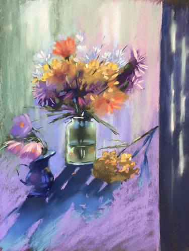 BEAUTIFUL BOUQUET - FLOWERS IN VASE IMPRESSIONIST EXPRESSIVE FLORAL ART SUNLIGHT BIG PAINTING thumb