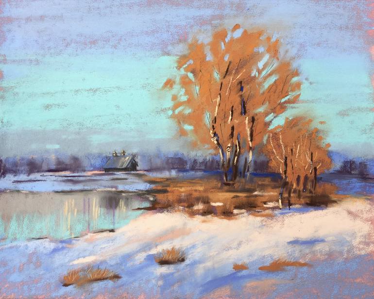 WARM WINTER - landscape soft drawing Drawing snow Lutsenko Saatchi by Ksenia impressionist trees orange pastel | Art