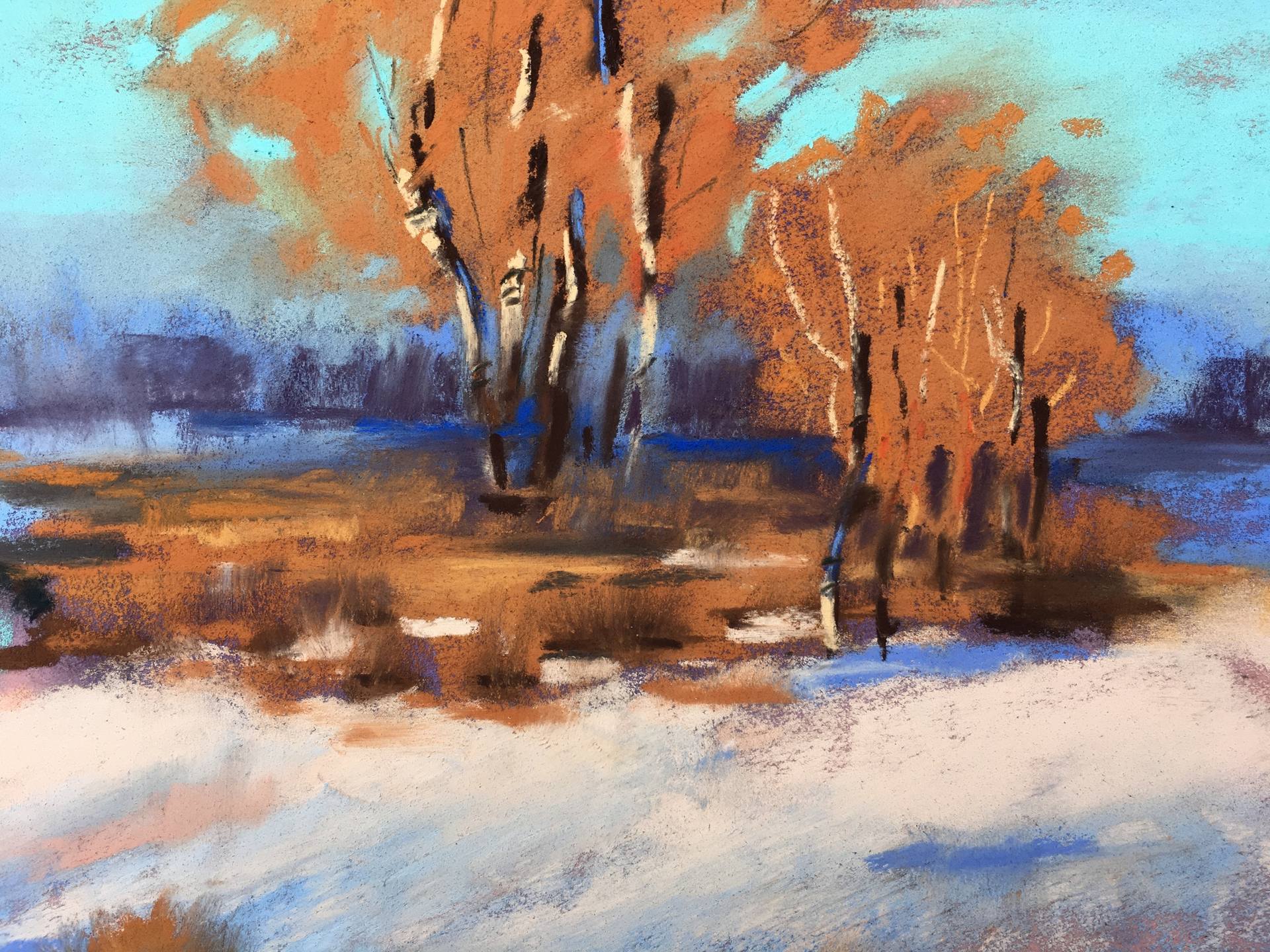 WARM WINTER - landscape orange trees snow impressionist soft pastel drawing