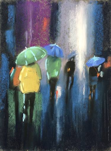UMBRELLAS EVERYWHERE -RAINY DAY NEW-YORK IMPRESSIONIST CITYSCAPE STREET ARCHITECTURE SOFT PASTEL SMALL DRAWING thumb