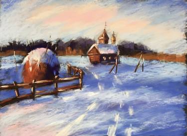 JANUARY MORNING - winter landscape village impressionistic pastel drawing thumb