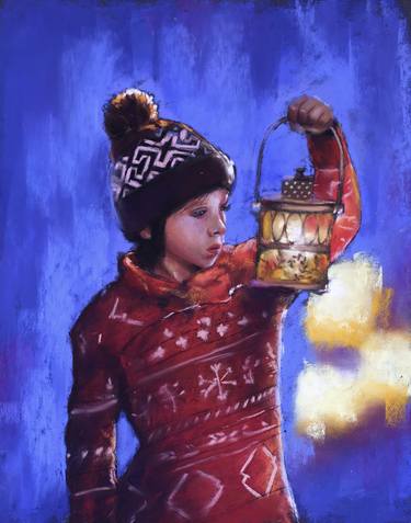WAITING FOR A MIRACLE - winter night portrait realistic soft pastel drawing thumb