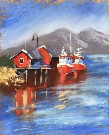 Norway port - north landscape ships sea nature fishers - impressionistic pastel drawing thumb