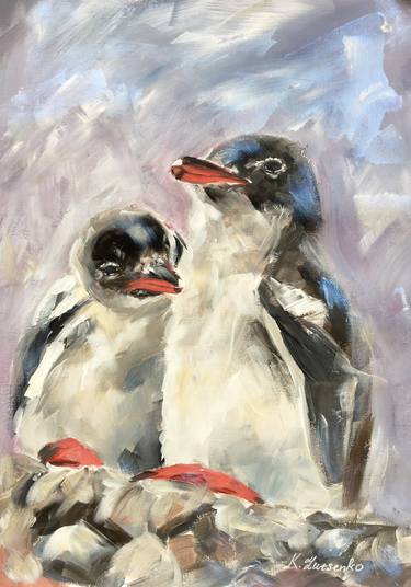 TWO PENGUINS - BIRDS ARCTIC WINTER - NORTH POLE - GLOBAL WARMING- IMPRESSIONIST ACRYLIC ARTWORK thumb