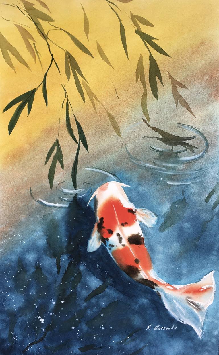 AUTUMN AND KOI FISH - JAPANESE CARP - RED, BLUE AND YELLOW - WATERCOLOUR