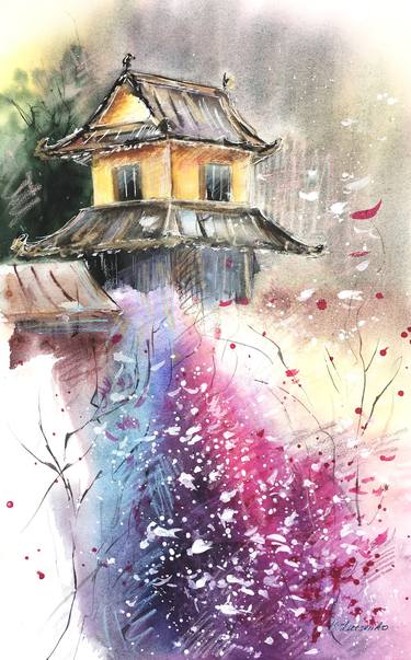 SAKURA SNOW - JAPAN PAGODA TEMPLE ASIA CHERRY BLOSSOM PINK FLOWERS - WATERCOLOUR thumb