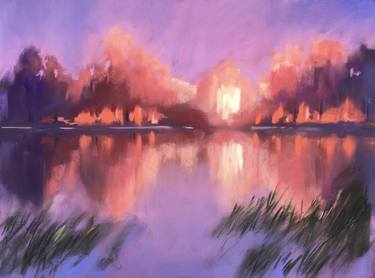 Sunset and abandoned pond - pink violet sky impressionist soft pastel thumb