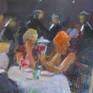 Elegant patrons of Luigi's after the show enjoy a meal and each other's company in this busy little restaurant in downtown Milano.
Painted in quality acrylics on fine cotton, square canvas.