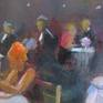Elegant patrons of Luigi's after the show enjoy a meal and each other's company in this busy little restaurant in downtown Milano.
Painted in quality acrylics on fine cotton, square canvas.