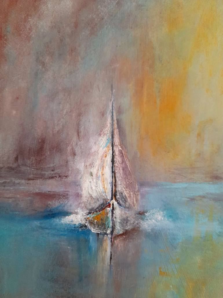 Original Abstract Sailboat Painting by Roser JB