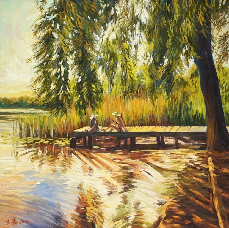 Original Landscape Painting by Li Tellenbach-guo | Impressionism Art on Canvas | Sunset By The Lake
