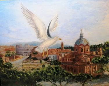 Painting Gull Rome landscape Coliseum pines. Italia thumb