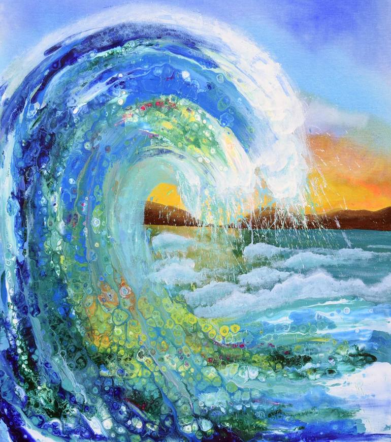 Sunset with Ocean Waves Yarn Painting