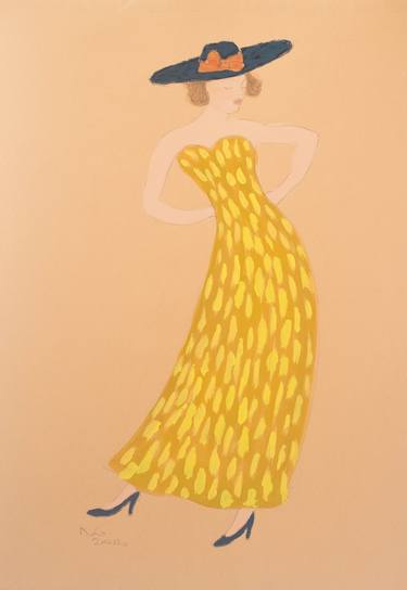 Woman in mustard speckled dress thumb