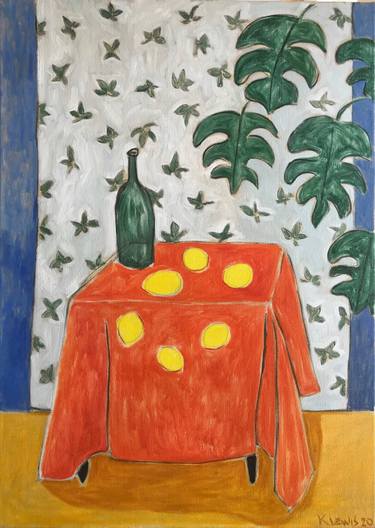 Still life with lemons on red table cloth thumb