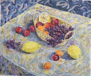 Fruit basket on Colorful Tablecloth thumb