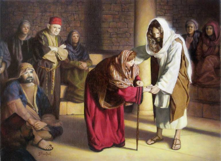 Jesus heals the bent woman Painting by JS Humfleet | Saatchi Art