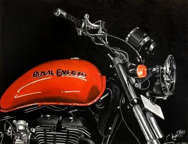 Hyper realistic acrylic painting of Red Royal Enfield ThunderBird X on canvas. thumb