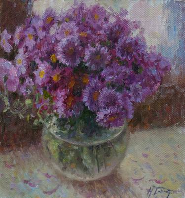 The Purple October Flowers. Original Floral Oil Painting thumb