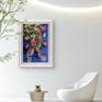 blue painting with roses in a white interior