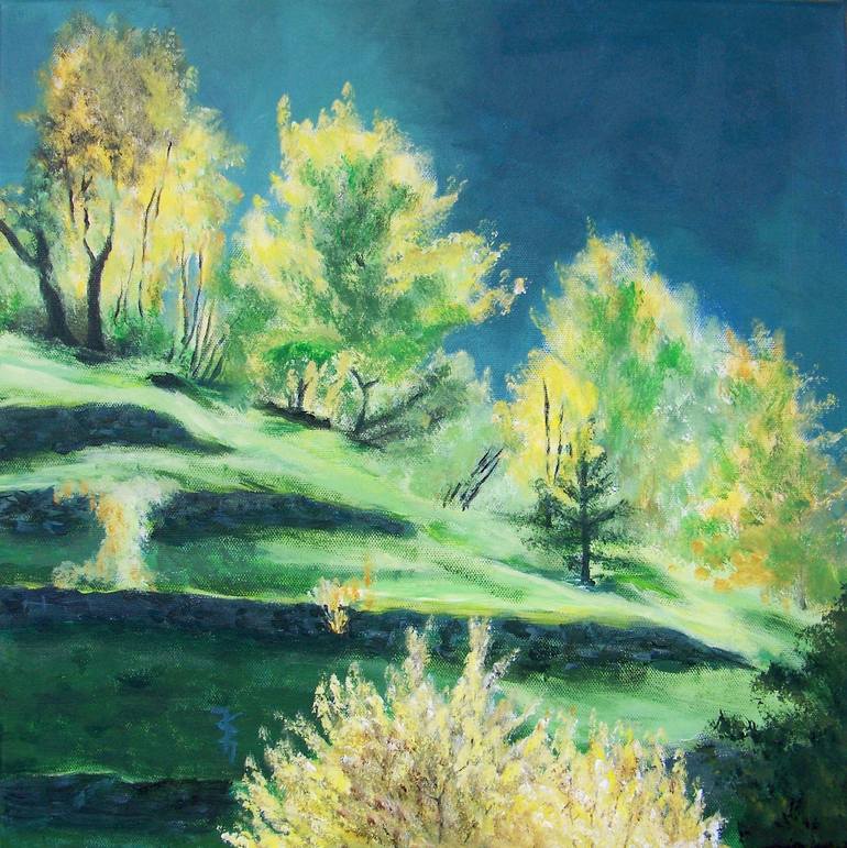 Original Landscape Painting by Rochette Maryse | Contemporary Art on Canvas | The terraces of Ardeche near Sardiges, Sunset.