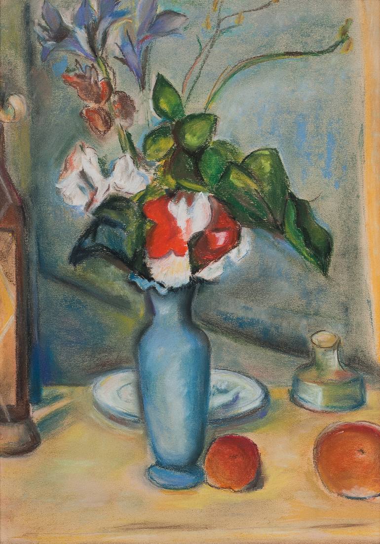 Still Life With Blue Vase Copy After Cezanne Painting By